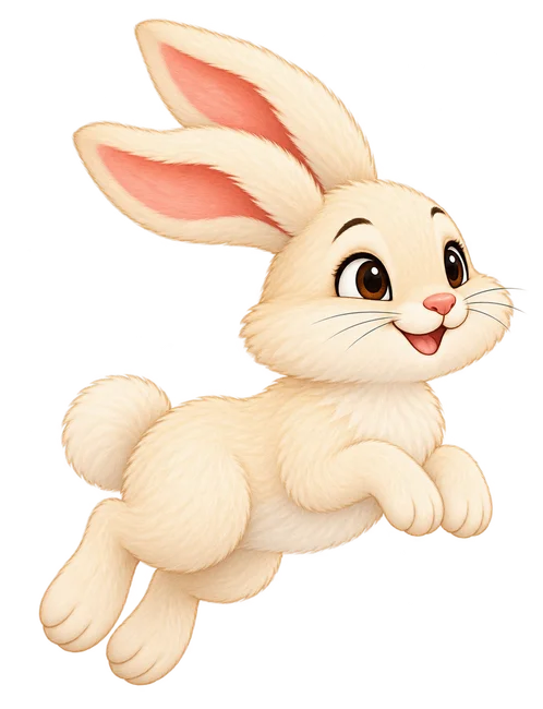 A happy cream-colored rabbit leaping through the sky