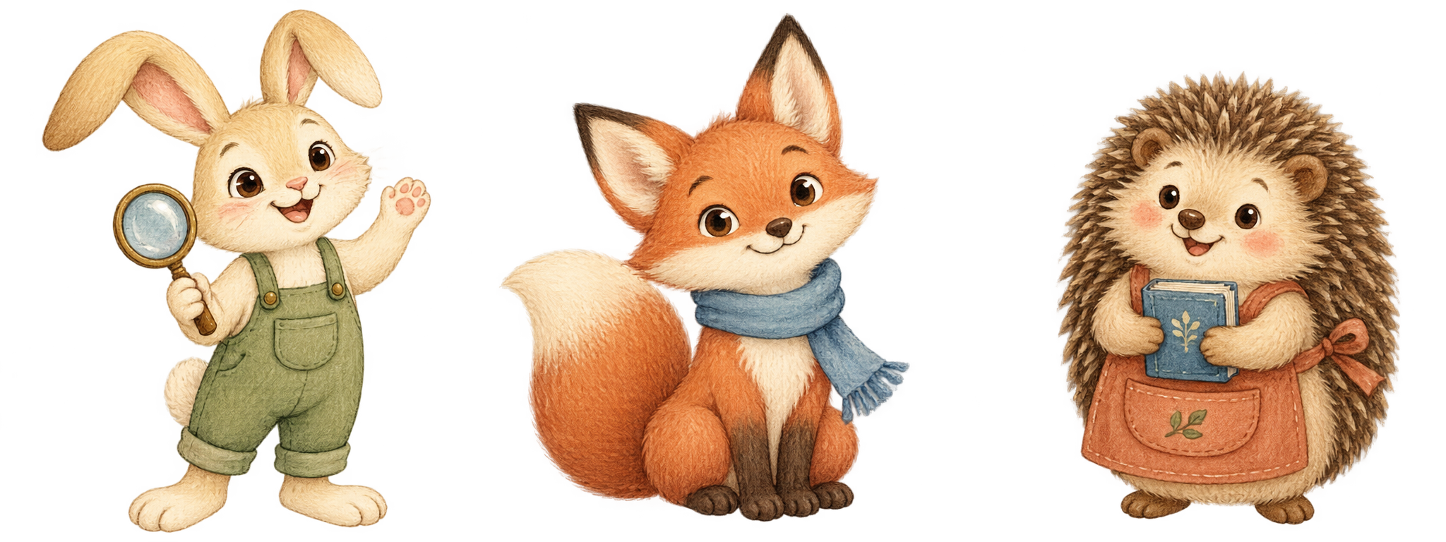Cream rabbit in green overalls, fox in blue scarf, and hedgehog in terracotta apron