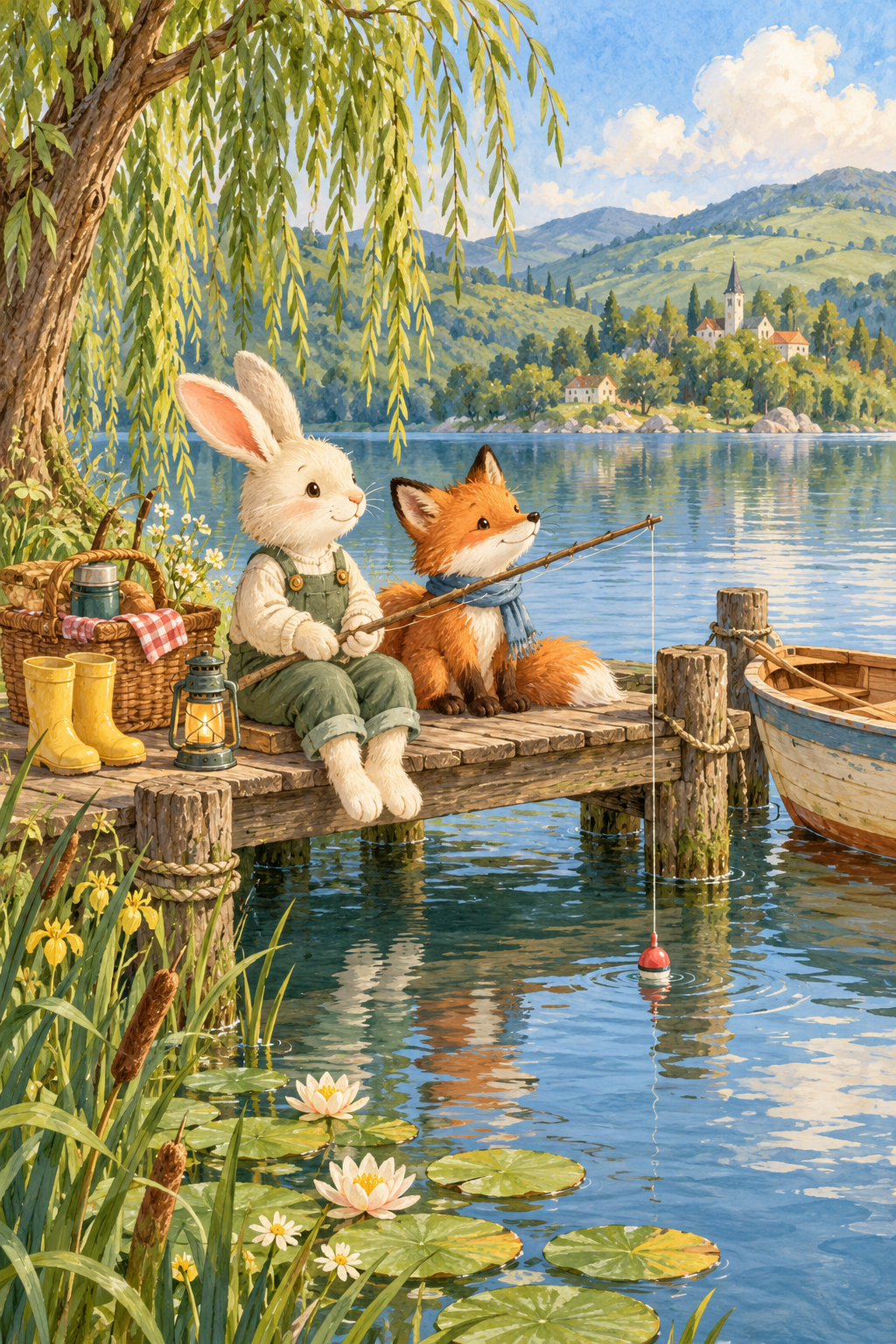 Clover the rabbit and Rowan the fox fishing together beside a peaceful lake